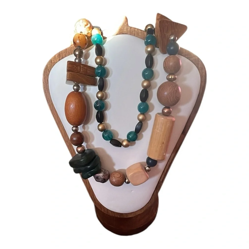 Brown and Green Beaded Necklace with Natural Stone Accents 2 necklaces - Picture 2 of 7